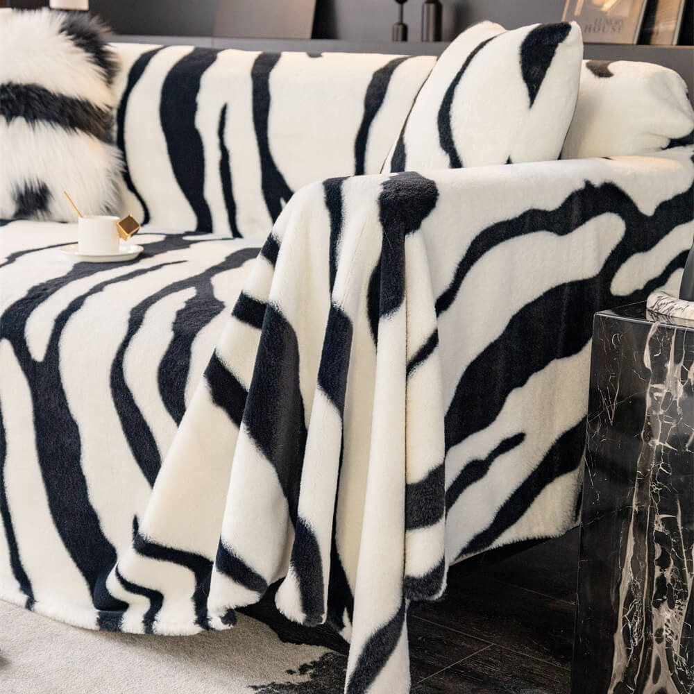 Norvo | Zebra-print fluffy plush sofa protector stylish couch cover