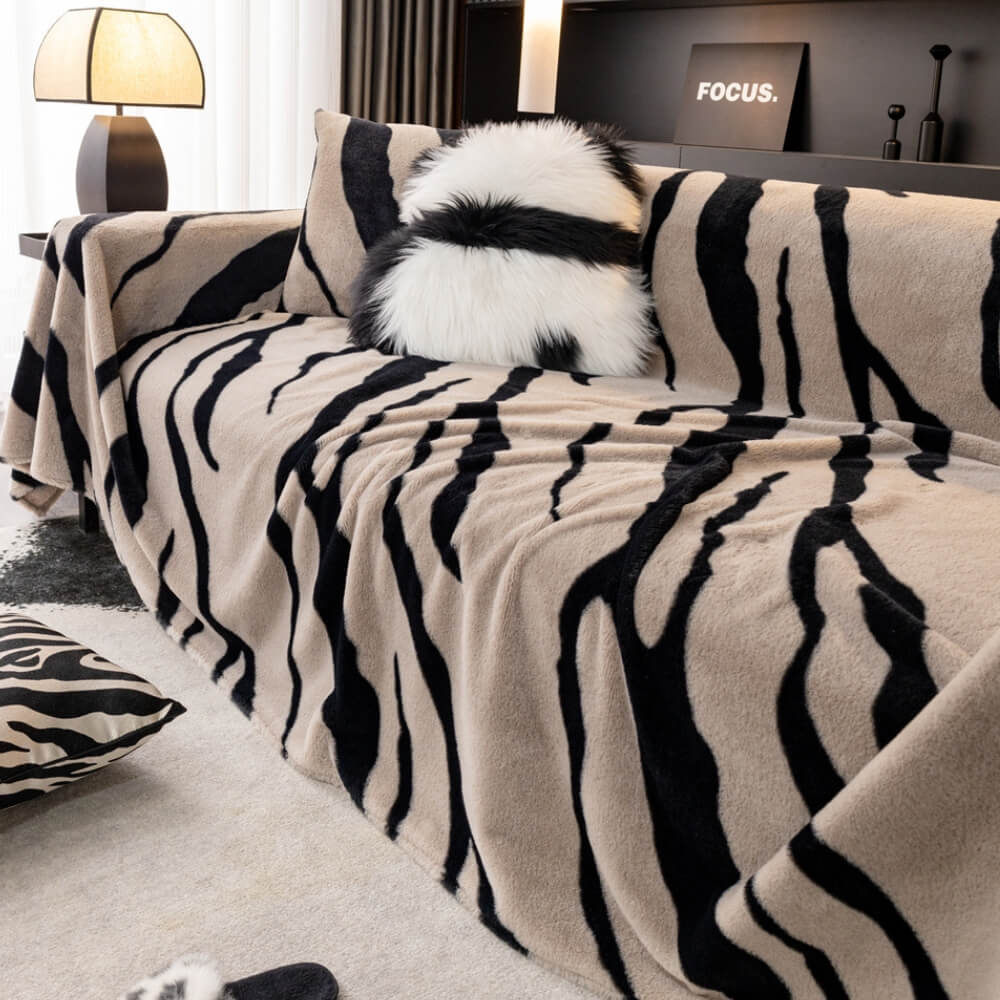 Norvo | Zebra-print fluffy plush sofa protector stylish couch cover
