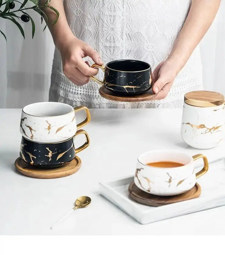 Norvo | Marmor Mønster Kaffe Kopp med Gull Dekorasjon