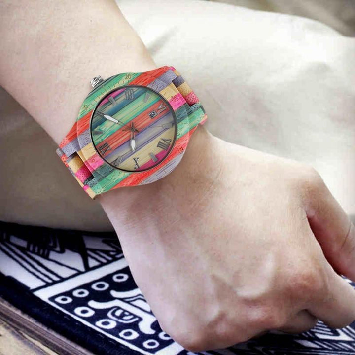 Norvo | Menn Kvinner Moteklær Fargerik Tre Bambus Klokke Kvarts Analog Håndlaget Full Tre Armbånd Luksus Klokker Gaver til Elskere