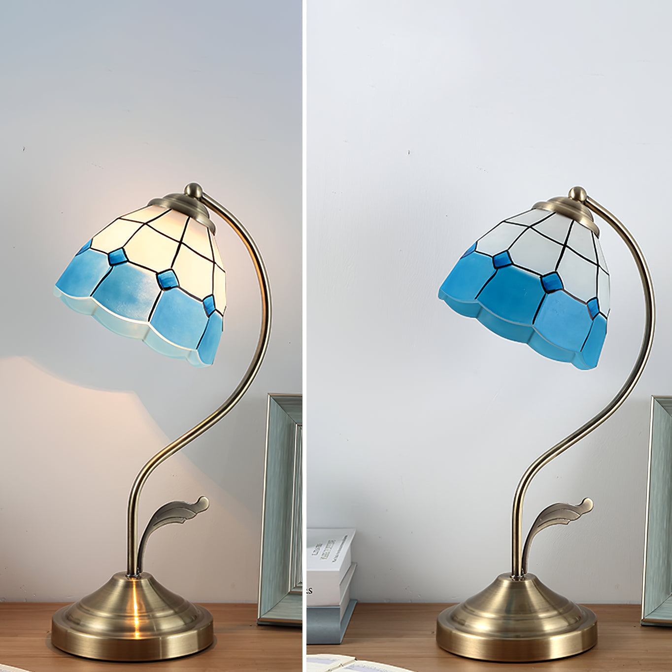 Norvo | LuxePetal – Hvit og blå glass blomstertablelampe i gull