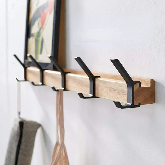 Norvo | Veggmontert Kleshenger med Flyttbare Dobbelkroker – Sort Nordisk Design – Tre & Aluminium – 40x7x7cm