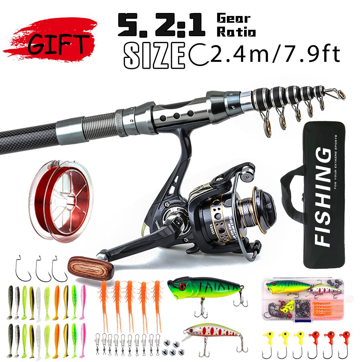 Norvo | Karbonfiber teleskopisk fiske stang og snelle sett – Bærbart fiskesett for sjø og ferskvann