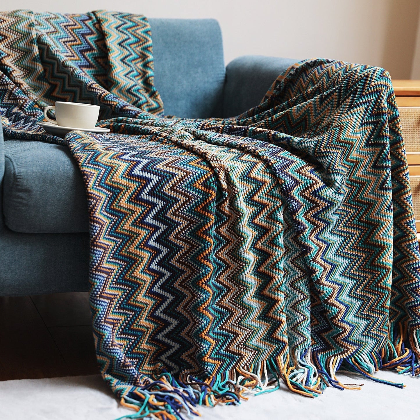 Norvo | Boho Chevron Duvet Cover – Håndvevd – Med Frynser – Varm Jordtoner