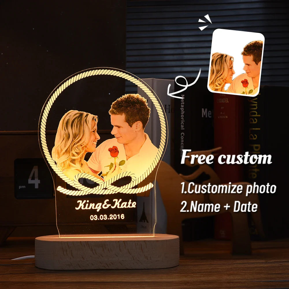 Norvo | Personlig 3D-foto-lampe: Individuell foto og tekst nattlys - Ideell for Valentinsdag, bryllup, jubileum, bursdagsgaver