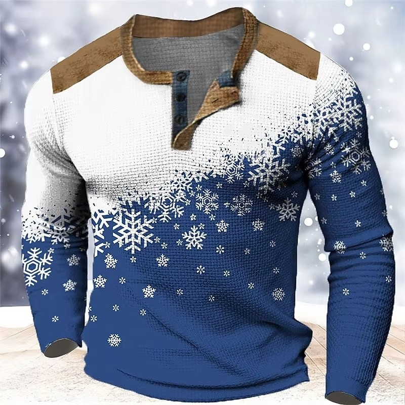 Norvo | Christmas Snøfnugg Gradient 3D Print Henley Skjorte for Menn