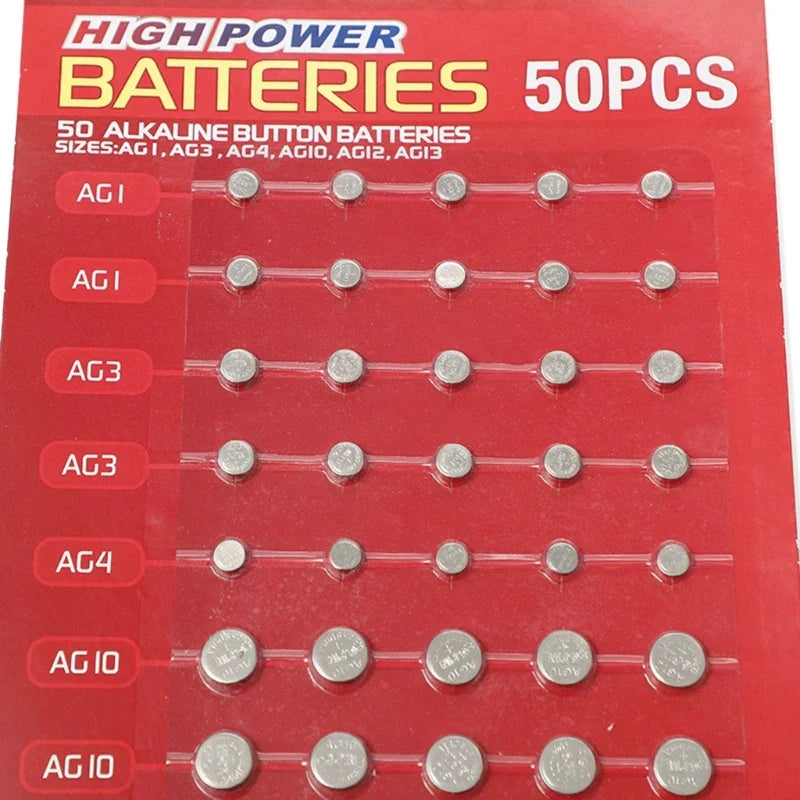 Norvo | 50/100Stk blanding knappcellebatteri sett - AG1/AG3/AG4/AG10/AG12/AG13 batterier for klokker, leker, klokker, kalkulatorer
