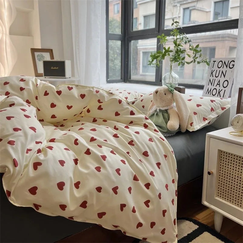 Norvo | CozyLove | Twin, Full & Queen Duvet Cover Set – Myk koreansk stil sengetøy med hjerte-design
