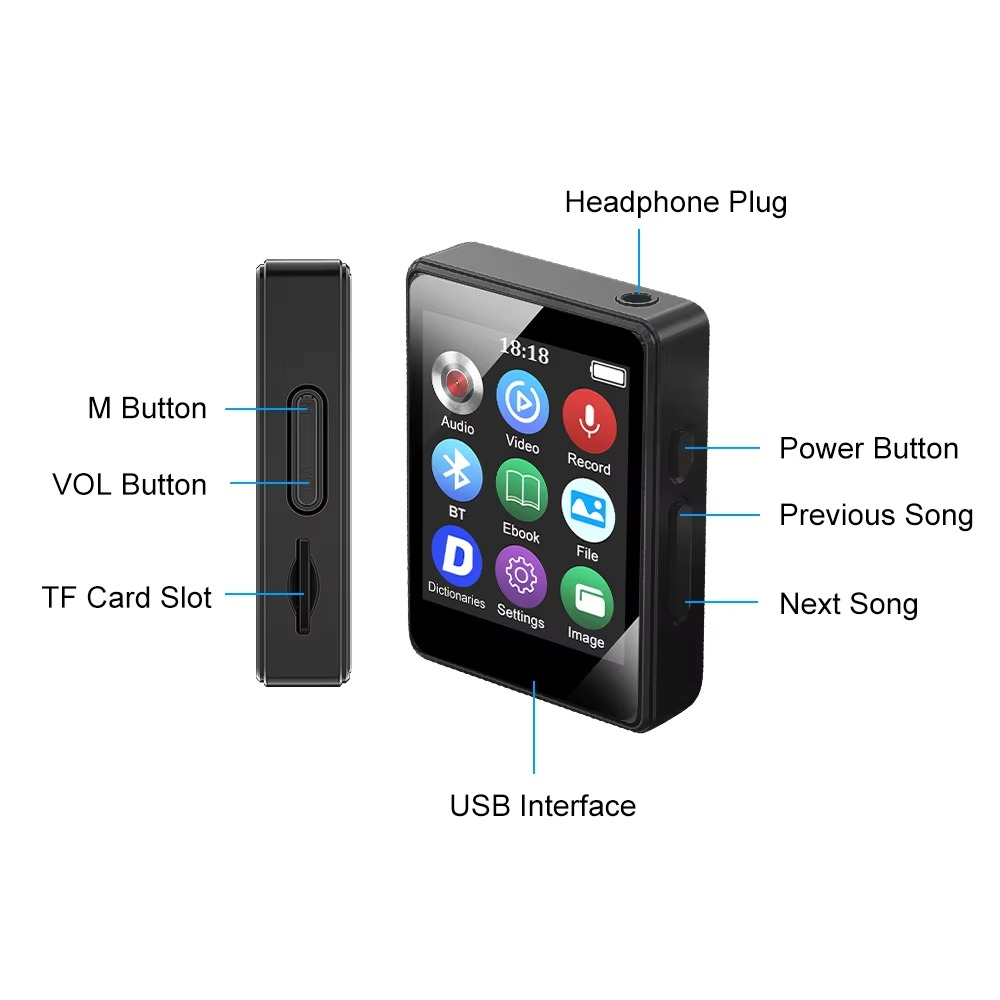 Norvo | Bærbar Bluetooth MP3-spiller med HiFi-stereo, Mini MP4 videovisning, LED-skjerm og stemmeopptak
