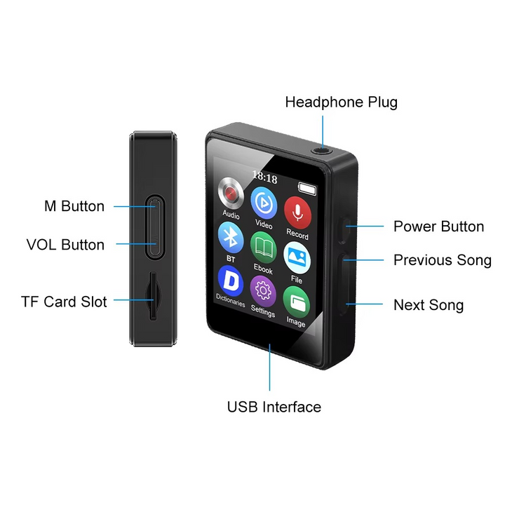 Norvo | Bærbar Bluetooth MP3-spiller med HiFi-stereo, Mini MP4 videovisning, LED-skjerm og stemmeopptak