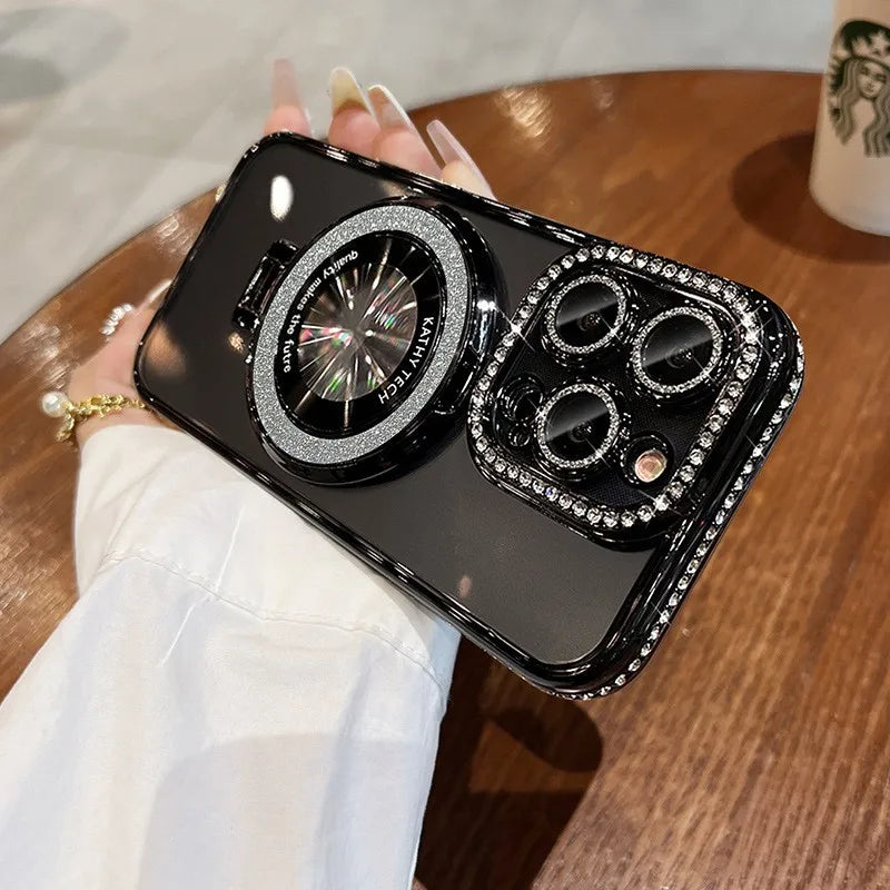 Luksus MagSafe Glitter Bling Belteveske med Ring Holder Stativ for iPhone 16 ProMax 15 11 12 13 14 Plus Diamant Trådløs Lading Silikon Deksel
