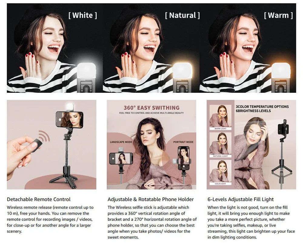 Norvo | Bluetooth Selfie Stick Stativ med Fylllys