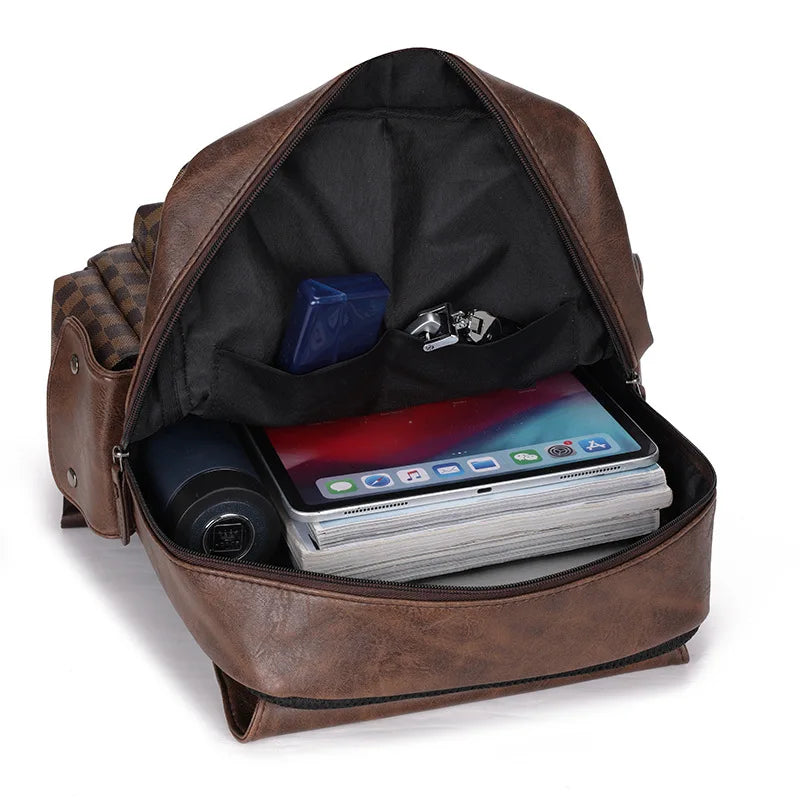 Norvo | Trendy Rute Business Allsidig Herre Ryggsekk Reise Stor Kapasitet Luksus Merke Design Ryggsekk Menn PU Lær Skole Ryggsekk