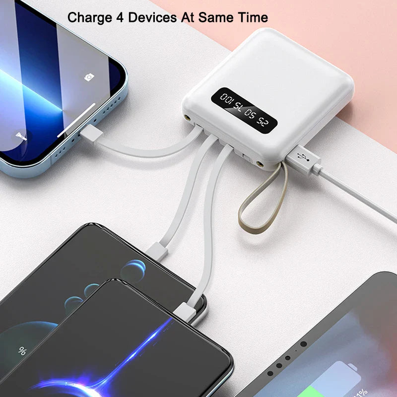 Norvo | Mini Powerbank med Speildisplay | 20,000 mAh | Hurtigladingfunksjon & Integrerte Kabler | For iPhone, Samsung, Xiaomi & mer