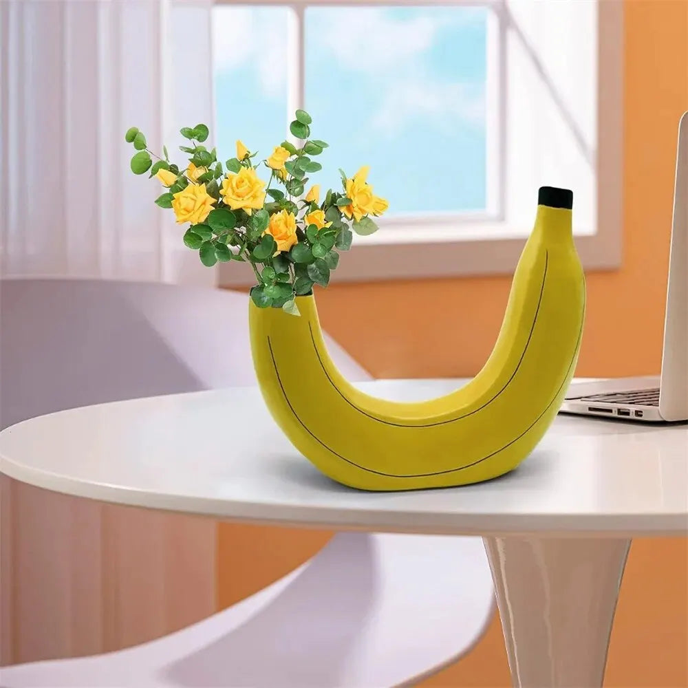 Norvo | Banan vase, blomster vase laget av harpiks, søt bananform, dekorativ bordvase for blomsterarrangementer, stue, soverom, hjemmedekorasjon