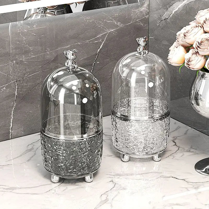 Norvo | Lumora Sminkebørste Organizer med Lokk | Støvtett & Rotérbar | For Børster, Leppestifter & Parfyme | 360° Rotasjon | Sølv/Grå