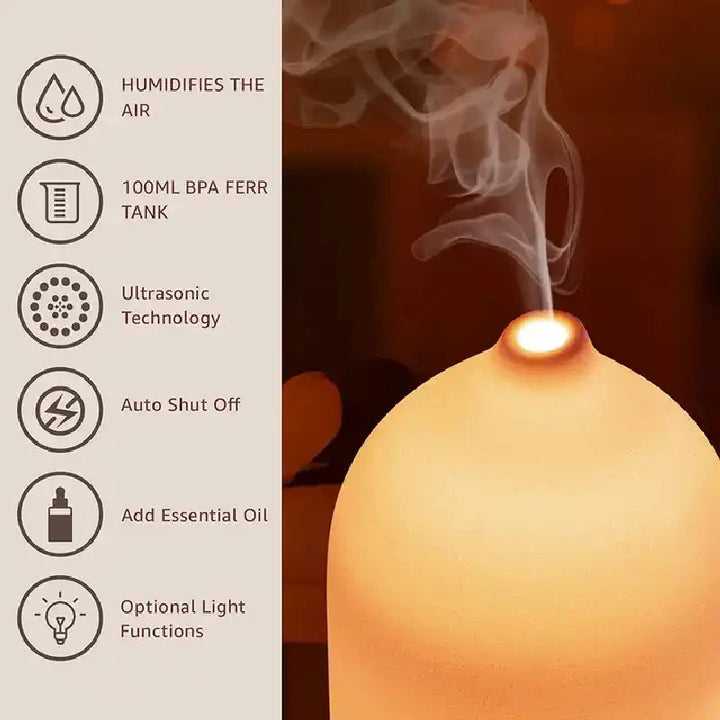 Norvo | Aromisca Keramisk Aroma Diffuser | 100 ml Ultralyd Luftfukter | 7 LED Farger & Timer | Håndlaget Design | EU Støpsel