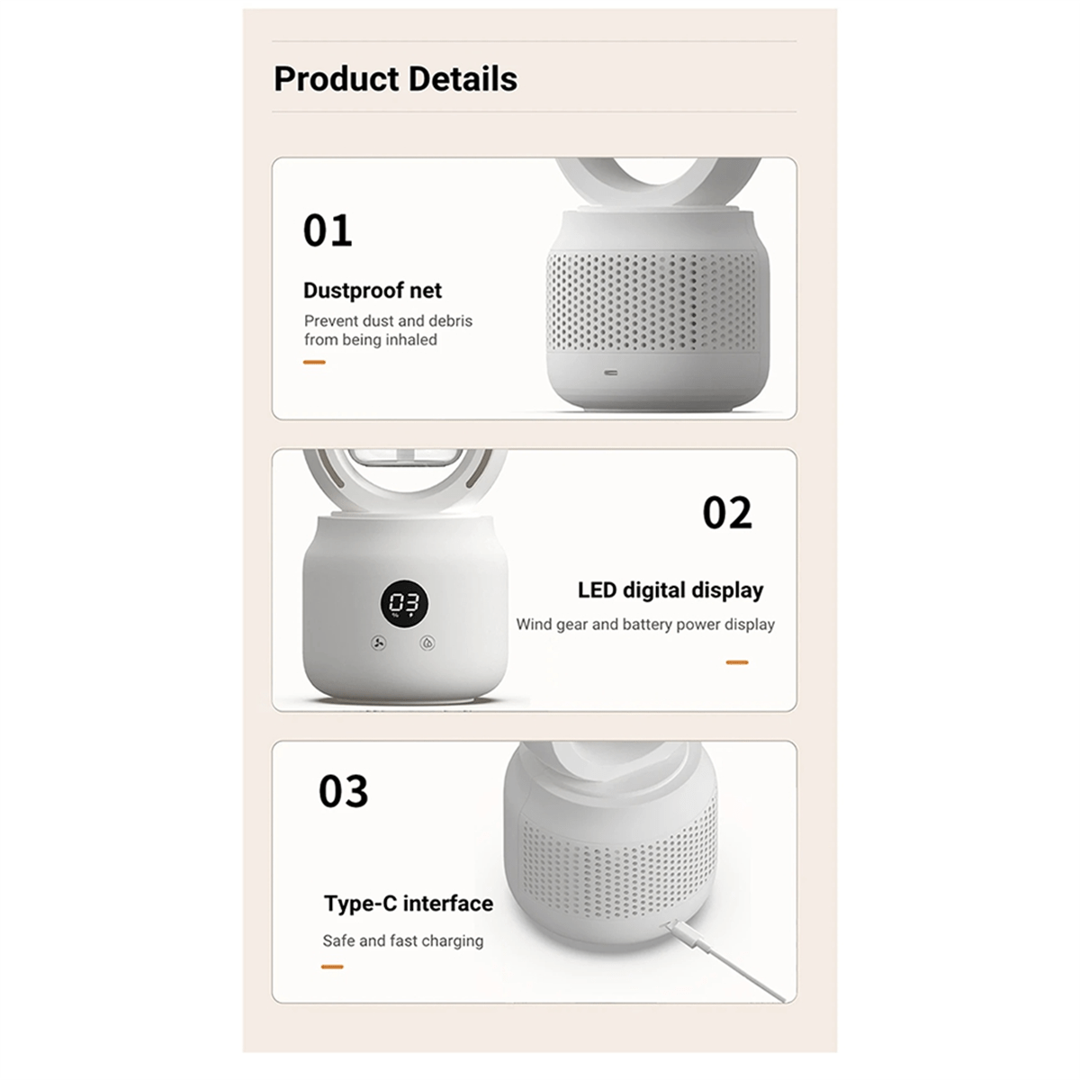 Norvo | Bærbar vifte uten blader med luftfukter og nattlys for forfriskende komfort