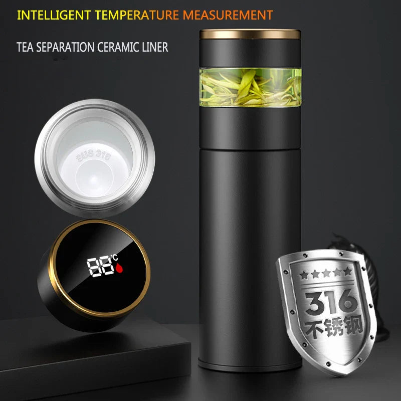Norvo | ThermoBrew | Isolert flaske med LED temperaturskjerm og tefilter | 450 ml | Rustfritt stål 304 | Svart