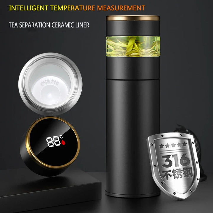 Norvo | ThermoBrew | Isolert flaske med LED temperaturskjerm og tefilter | 450 ml | Rustfritt stål 304 | Svart
