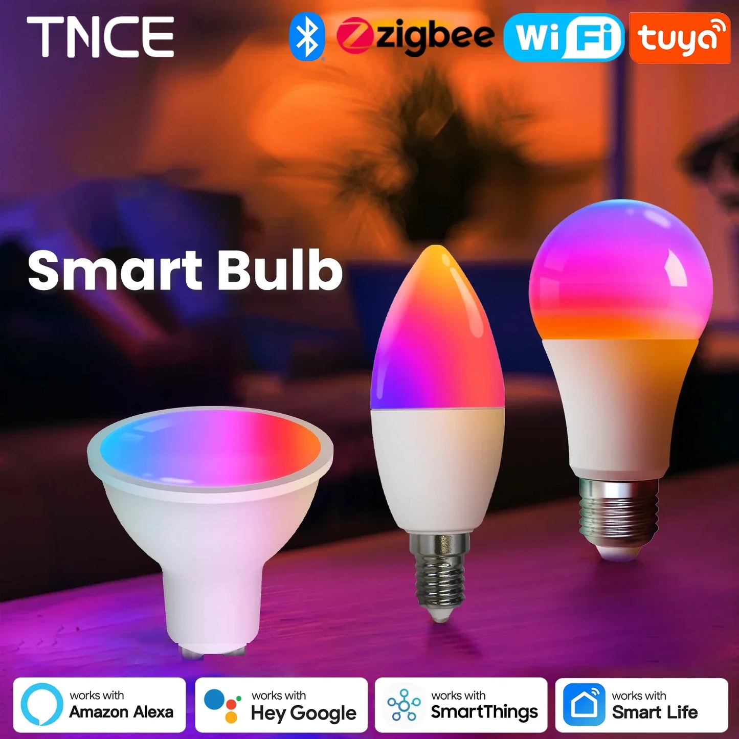 Tuya Zigbee Smarte LED Lyspærer E27 E14 GU10 - Dimmbar RGB Wifi Kontrollert via SmartLife Google Alexa-apper