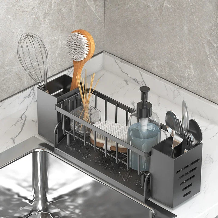 Norvo | Ordinaqua Vask Organisator Hylle | Selvdrenasje | Holder for Svamp, Såpe & Klut | Utvidbar & Hygienisk | ABS Plast