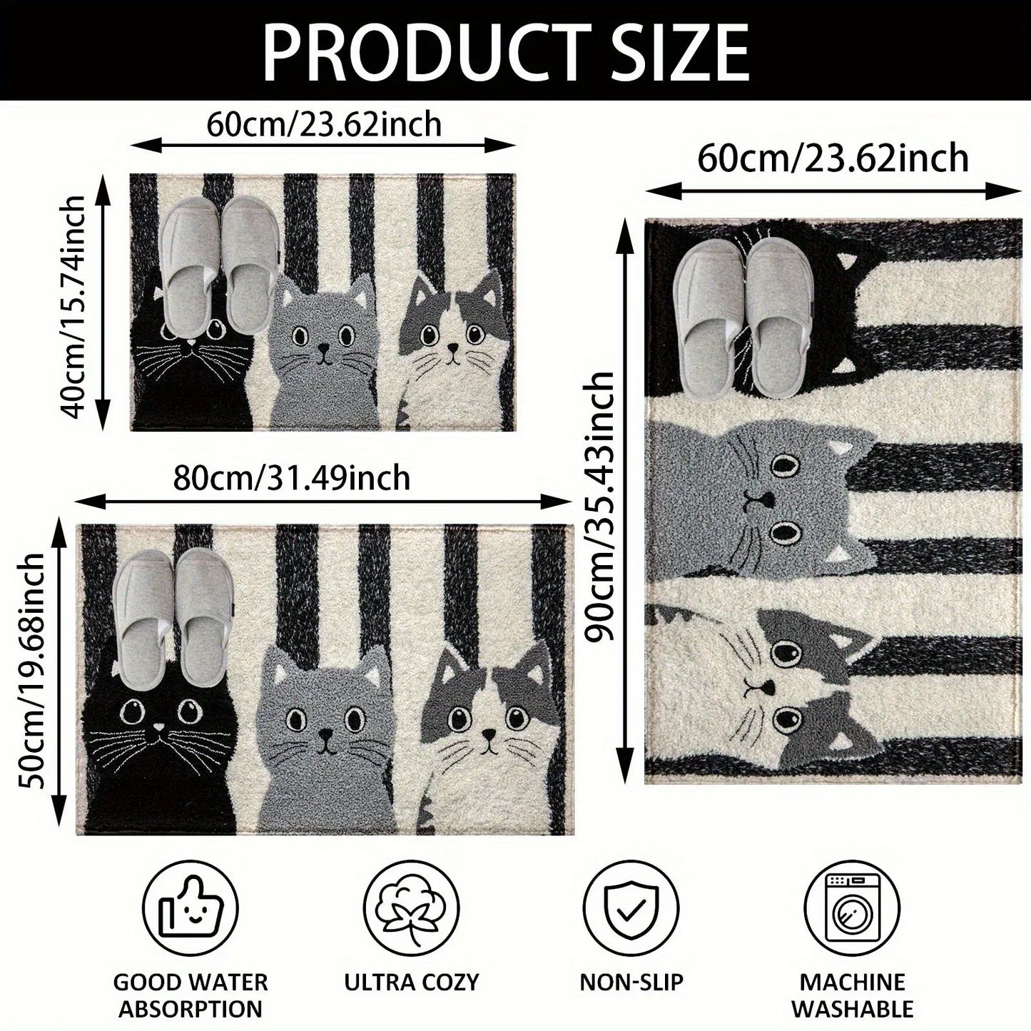 Norvo | Katteteppe Miyono | Myk og Vanntett | Skridsikker Matte med Striper og Tegneseriestil Kattedesign | For Soverom, Gang og Stue