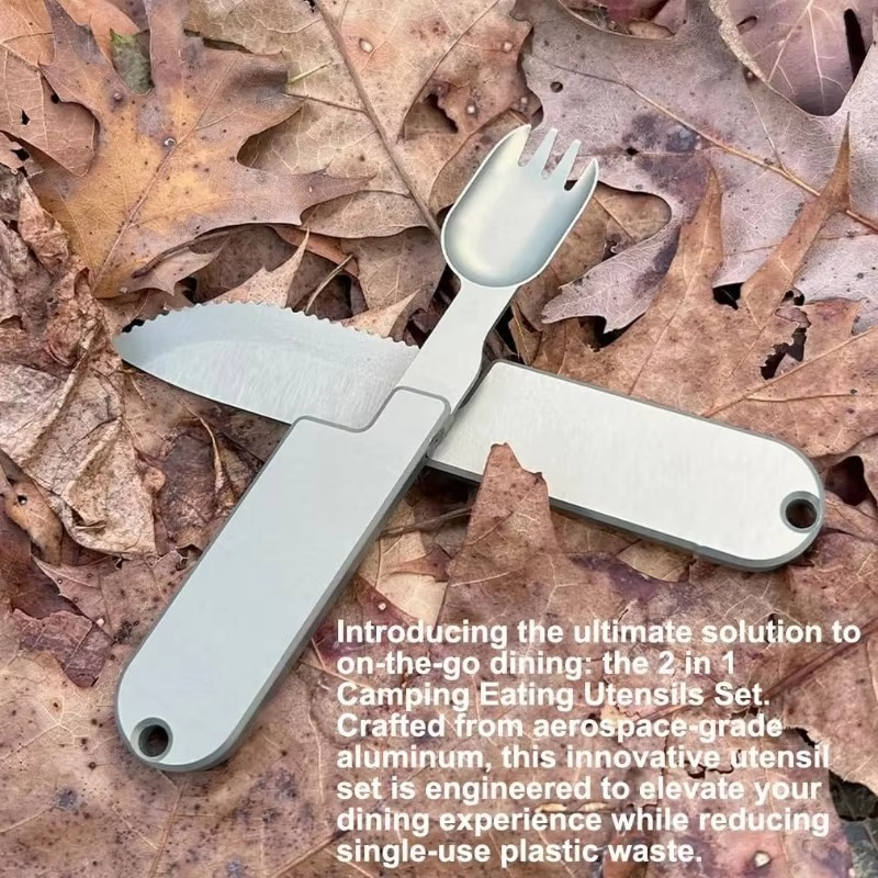 Norvo | Kompakt 2-i-1 Camping Bestikk Sett - Avtakbar Kniv og Gaffel, Ideell for Reiser