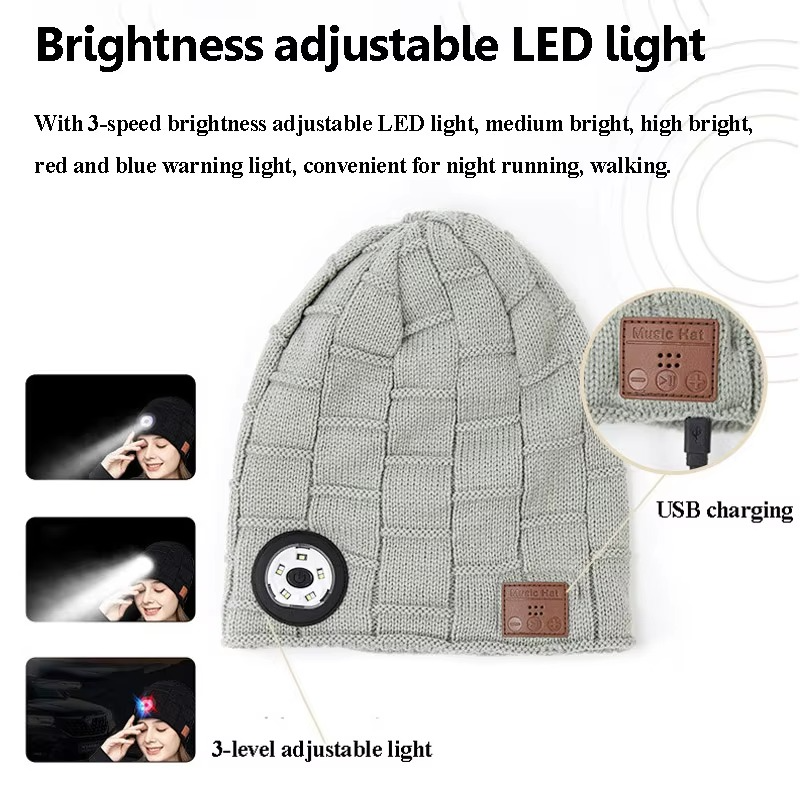 Norvo | Trådløs Bluetooth Musikk Lue med Innebygde Hodetelefoner og LED Lys