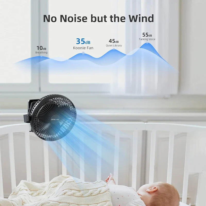 Norvo | Clip-Fan BreeziClip | 8-Inch | Stille & Oppladbar | 10,000 mAh Batteri | For Barnevogner, Camping & Hjem