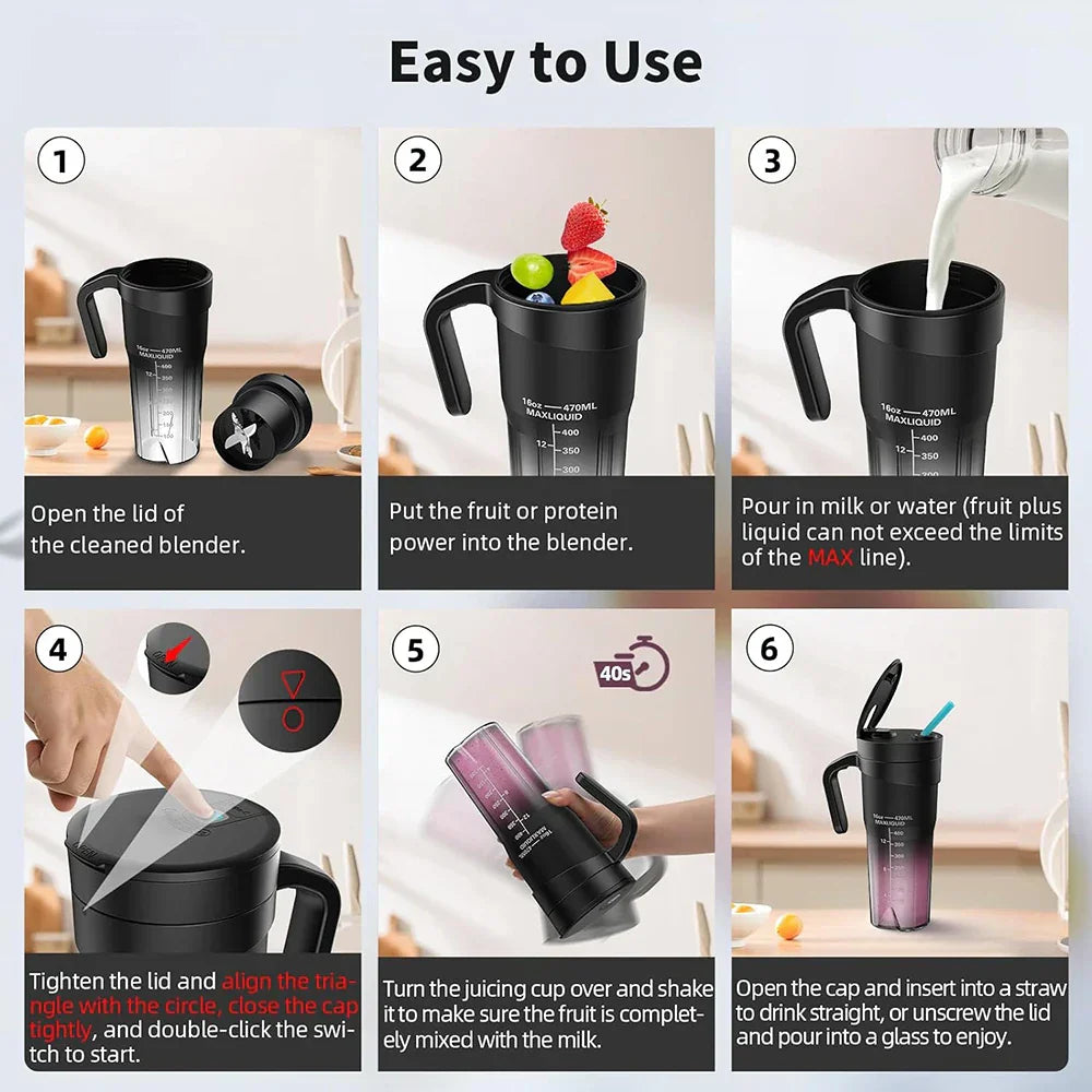 Norvo | Bærbar Juicer - Oppladbar Mini Mikser med 6 Skarpe Blader for Milkshake og Smoothies