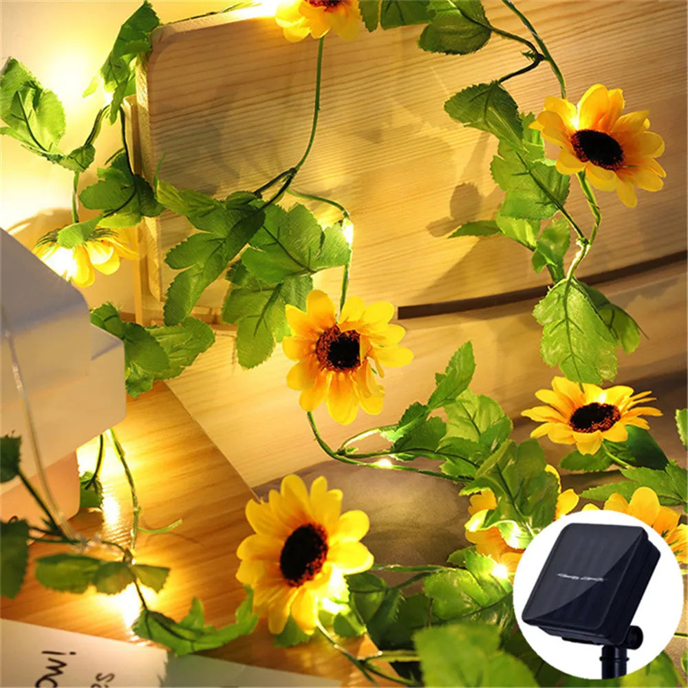 Norvo | Solare fairy lights SoliBlossom | Solsikke dekor med blader | Varm hvit | 8 moduser | For hage, gjerde & bryllup