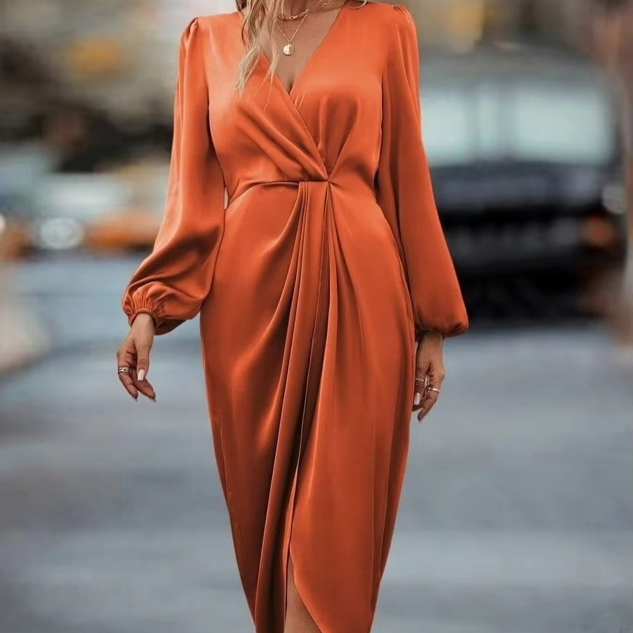 Norvo | Kvinnekjoler høst vintage solid farge langermet V-hals kjole