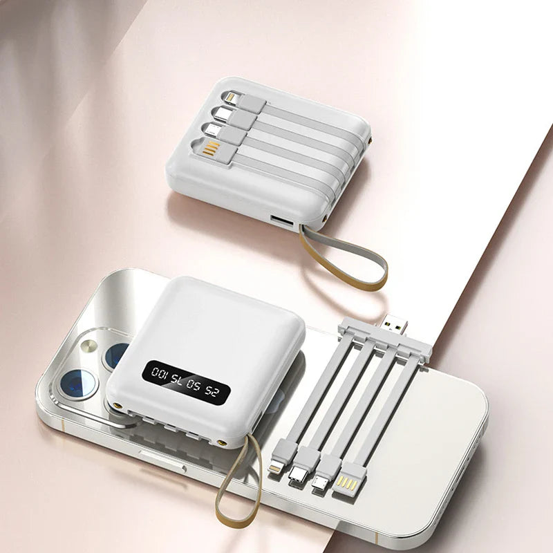 Norvo | Mini Powerbank med Speildisplay | 20,000 mAh | Hurtigladingfunksjon & Integrerte Kabler | For iPhone, Samsung, Xiaomi & mer