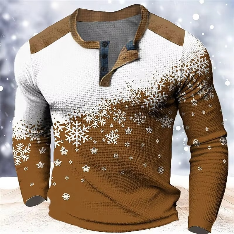 Norvo | Christmas Snøfnugg Gradient 3D Print Henley Skjorte for Menn