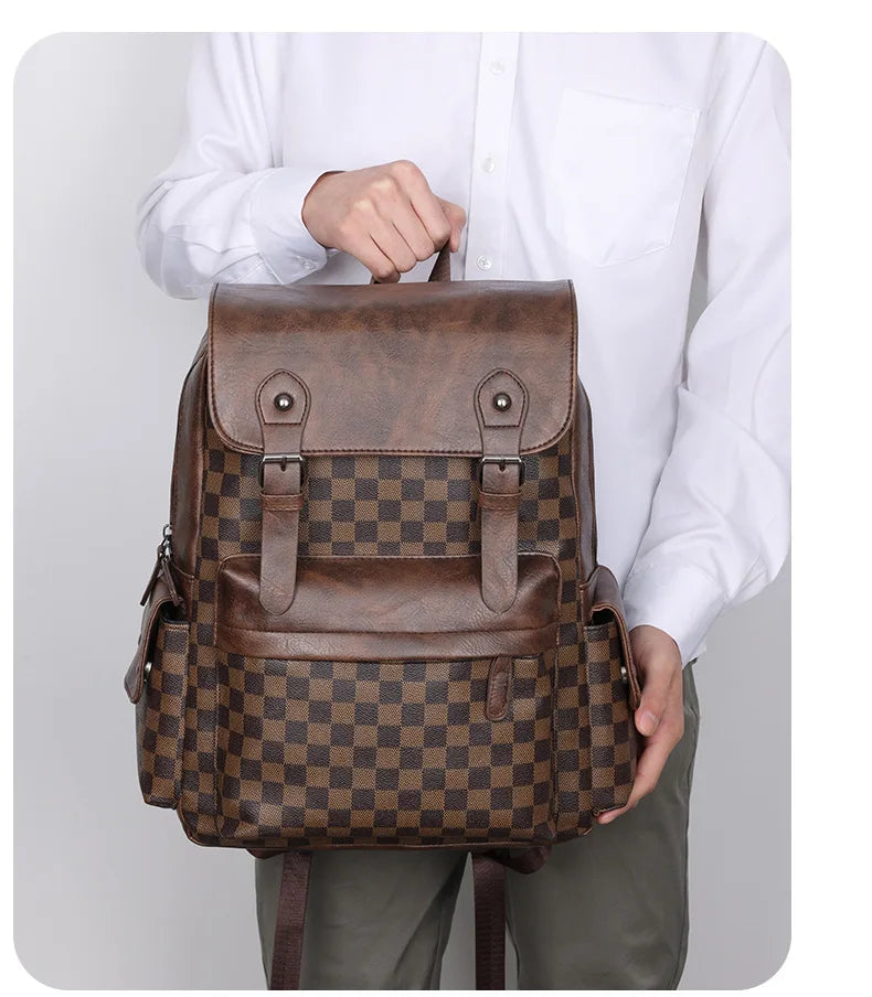 Norvo | Trendy Rute Business Allsidig Herre Ryggsekk Reise Stor Kapasitet Luksus Merke Design Ryggsekk Menn PU Lær Skole Ryggsekk