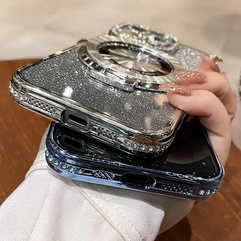 Luksus MagSafe Glitter Bling Belteveske med Ring Holder Stativ for iPhone 16 ProMax 15 11 12 13 14 Plus Diamant Trådløs Lading Silikon Deksel