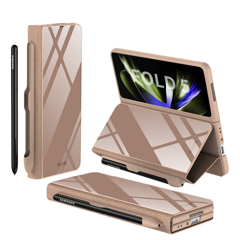 Norvo | Støtbestandig Rustningssak Glassdeksler Stativ Sett Inn Kort Lærsak for Samsung Galaxy Z Fold 5/4