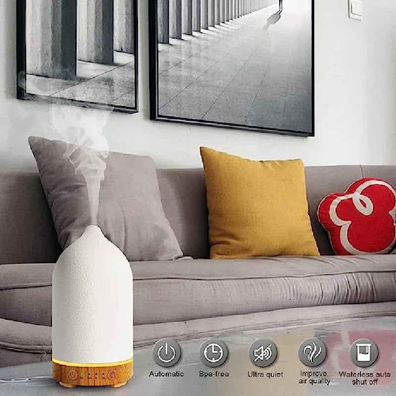 Norvo | Aromisca Keramisk Aroma Diffuser | 100 ml Ultralyd Luftfukter | 7 LED Farger & Timer | Håndlaget Design | EU Støpsel