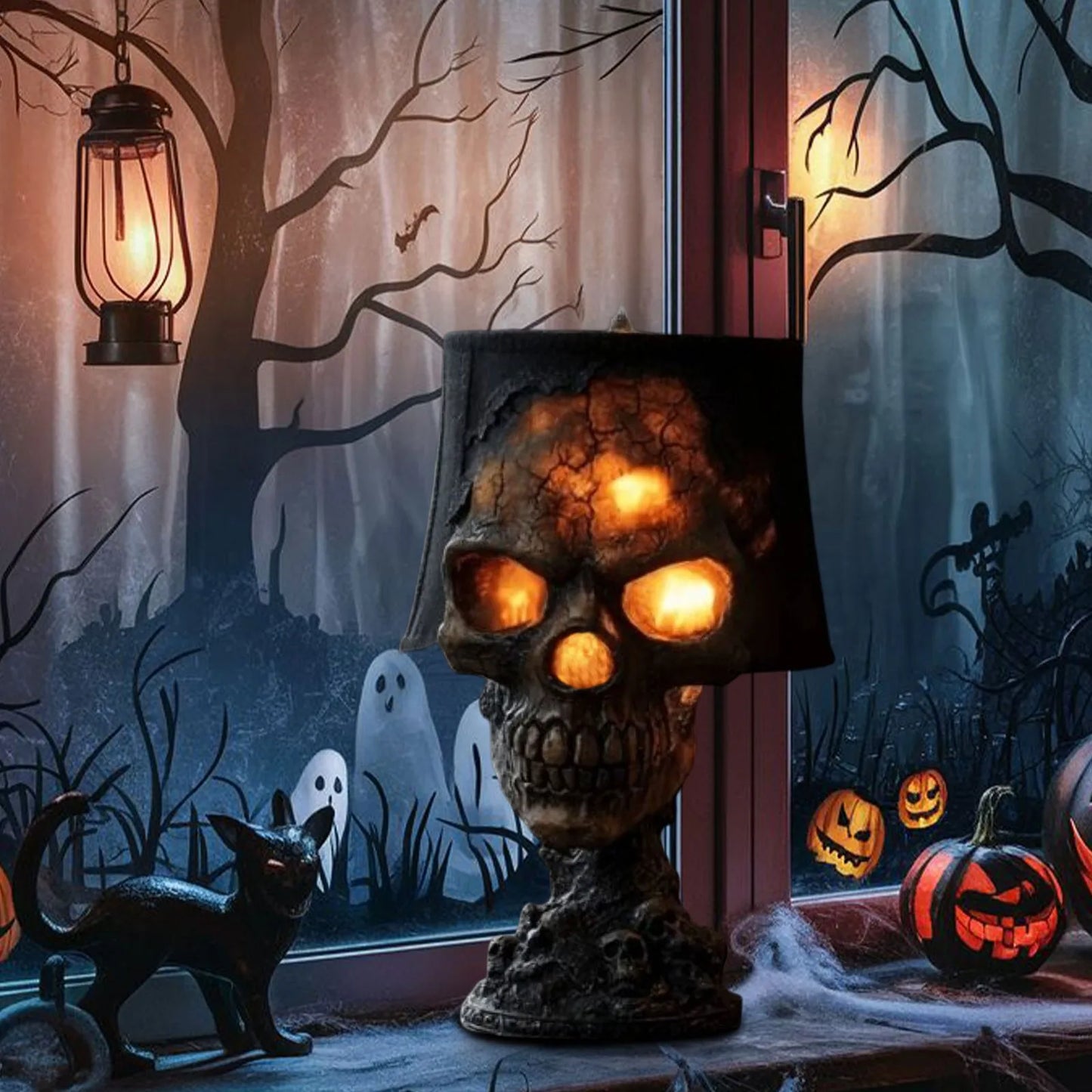 Norvo | Gothisk Bordlampe SkullFire | Halloween Hodeskalle Dekor | LED Ambient Lys | 20 x 11 x 11 cm
