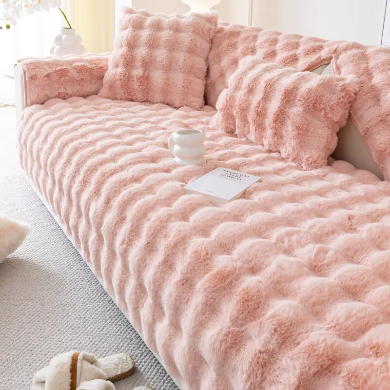 Norvo | Plysj bobletekstuert kunstpels sofa trekk - Antiskli putetrekk for stue