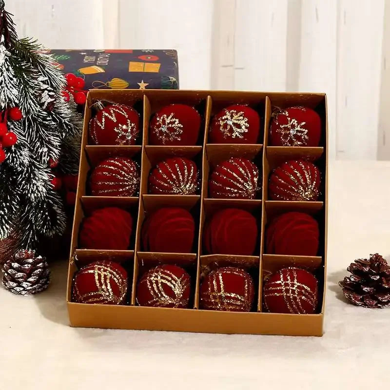 Flocking Juletrær Ornamenter - Vinrøde og Mørkegrønne Kuler for Høytidsfestdekor, Rosa Julekul Pendant 16PCS 6cm (2.3 tommer)