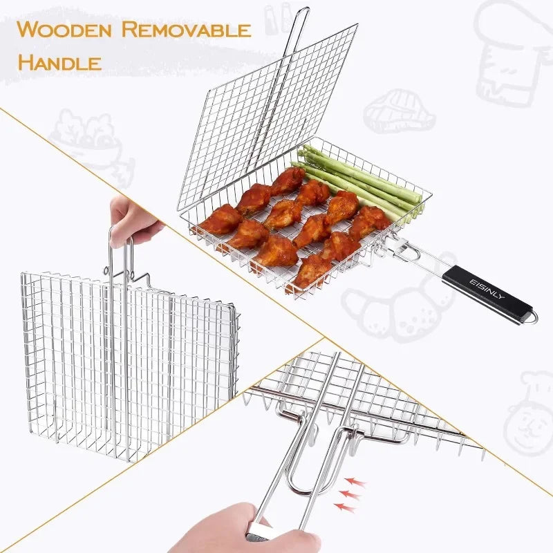 Norvo | Stor rustfritt stål grillkurv – Sammenleggbart BBQ-hylle for fisk, bærbart utendørs camping- & kjøkkenutstyr