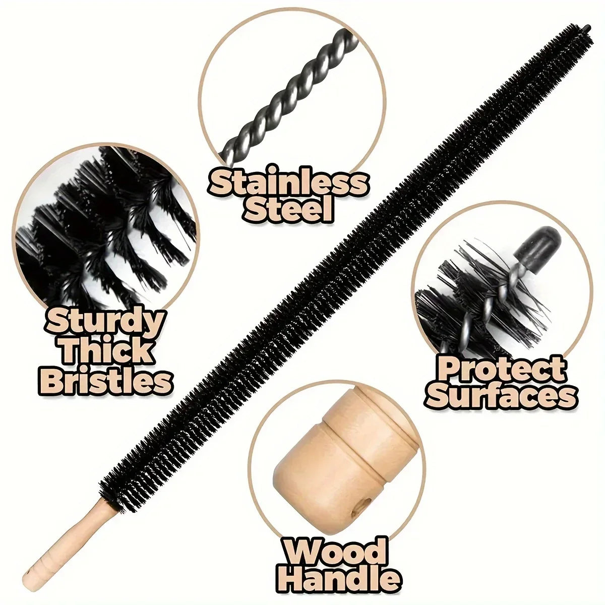 Norvo | Dustello Rengjøringsbørste med Trehåndtak | Fleksibel & Ekstra Lang | For Radiatorer, Rør & Møbelsprekker | 70–75 cm