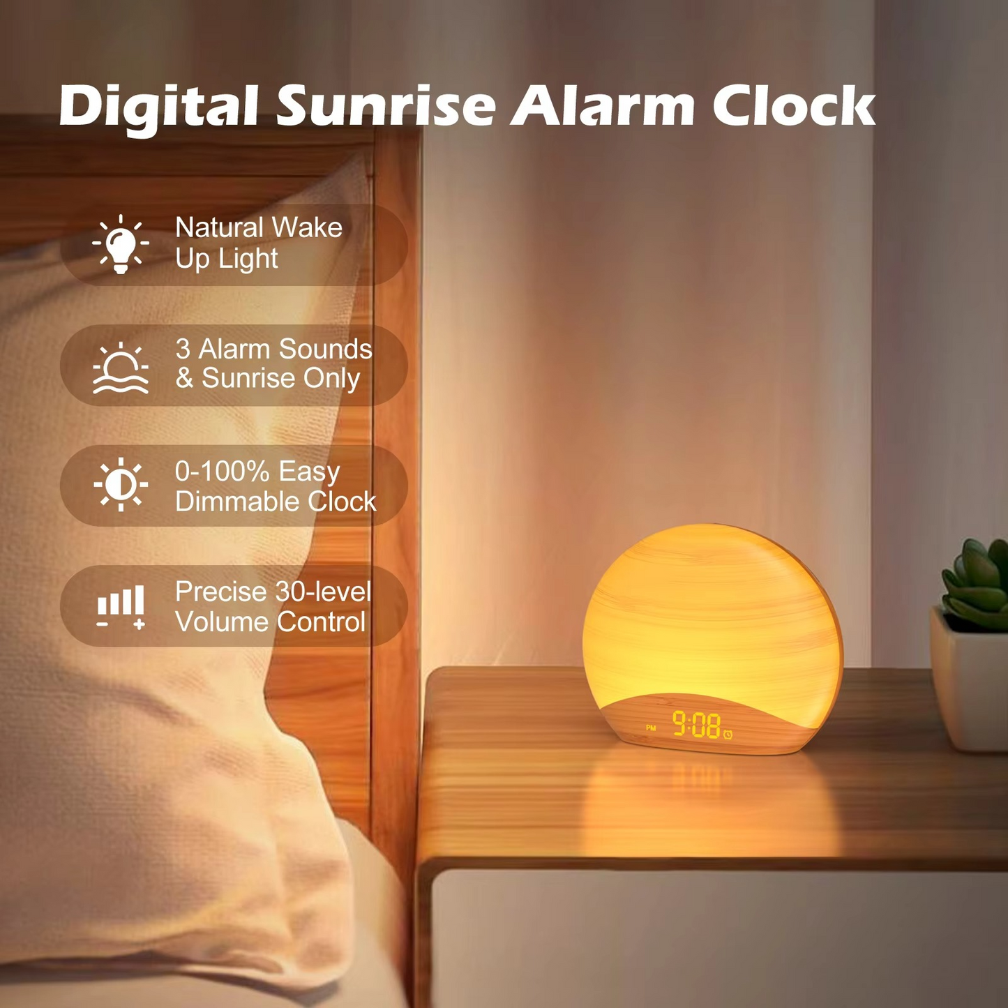 Norvo | Sunrise Wake-Up Light Alarmklokke med 8 farger, 26 søvnlyder og tregrainedesign