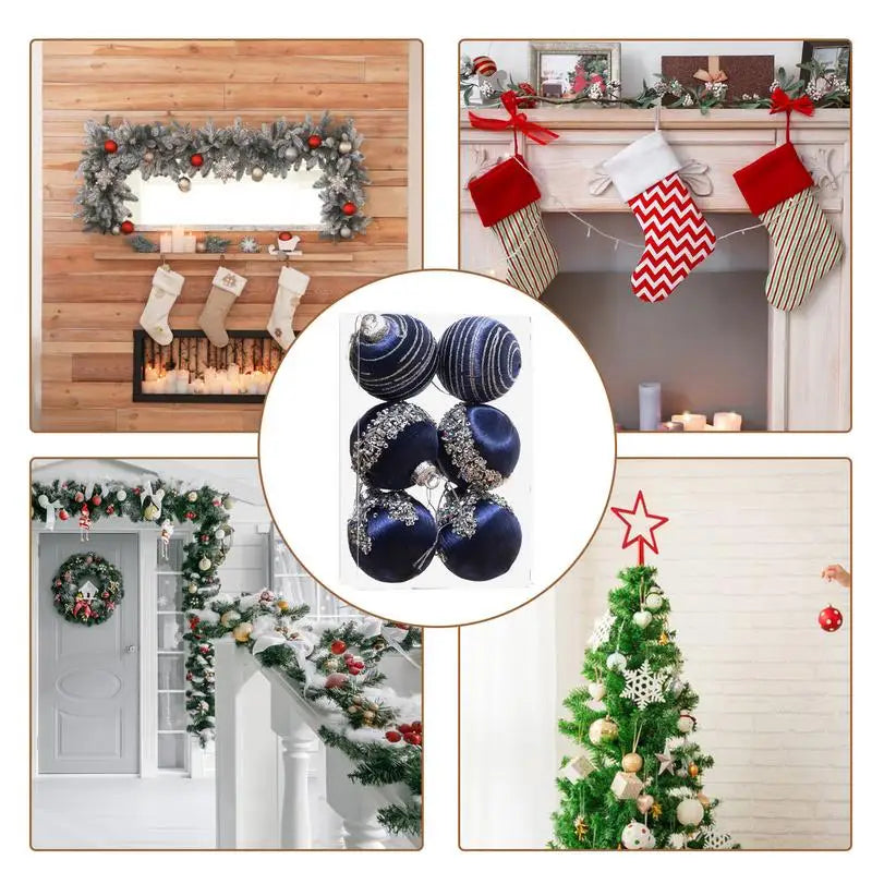 Shatterproof fløyels julekule ornamenter sett med metalltråder - Festlig høytidsdekorasjon for tre, bord og hjem 6PCS