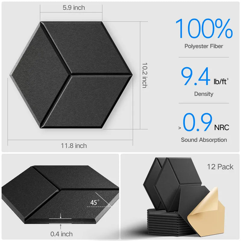 Norvo | 12-pakning hexagonale selvklebende akustikkpaneler - Y-linjedesign for lydabsorbsjon, eliminasjon av ekko, svart skum
