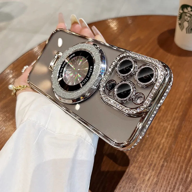 Luksus MagSafe Glitter Bling Belteveske med Ring Holder Stativ for iPhone 16 ProMax 15 11 12 13 14 Plus Diamant Trådløs Lading Silikon Deksel