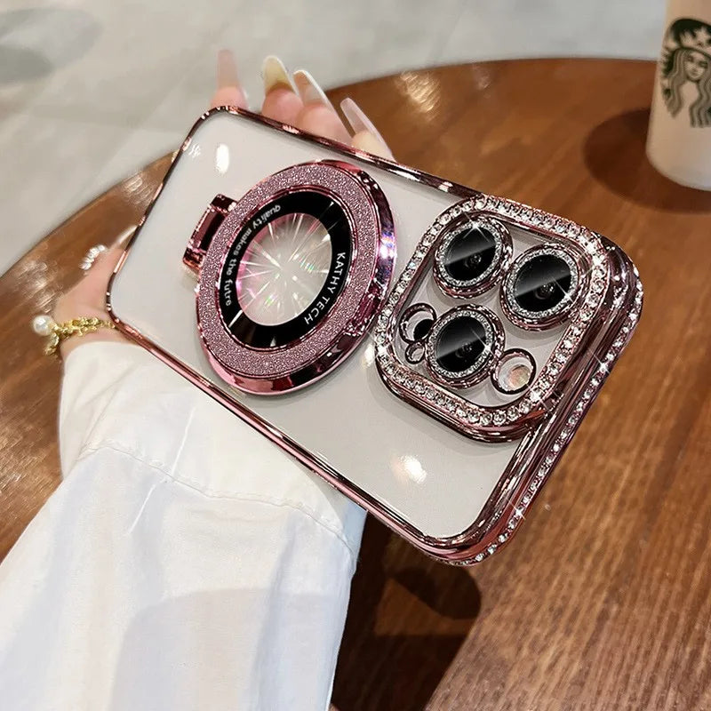 Luksus MagSafe Glitter Bling Belteveske med Ring Holder Stativ for iPhone 16 ProMax 15 11 12 13 14 Plus Diamant Trådløs Lading Silikon Deksel