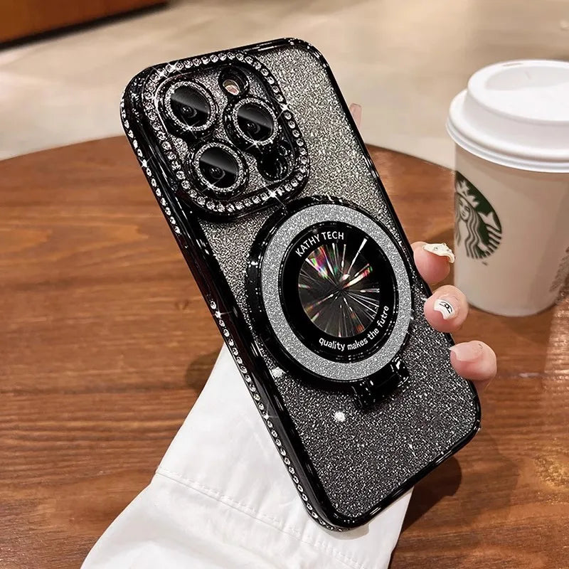 Luksus MagSafe Glitter Bling Belteveske med Ring Holder Stativ for iPhone 16 ProMax 15 11 12 13 14 Plus Diamant Trådløs Lading Silikon Deksel